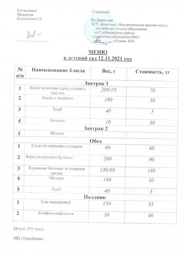 меню для детского сада